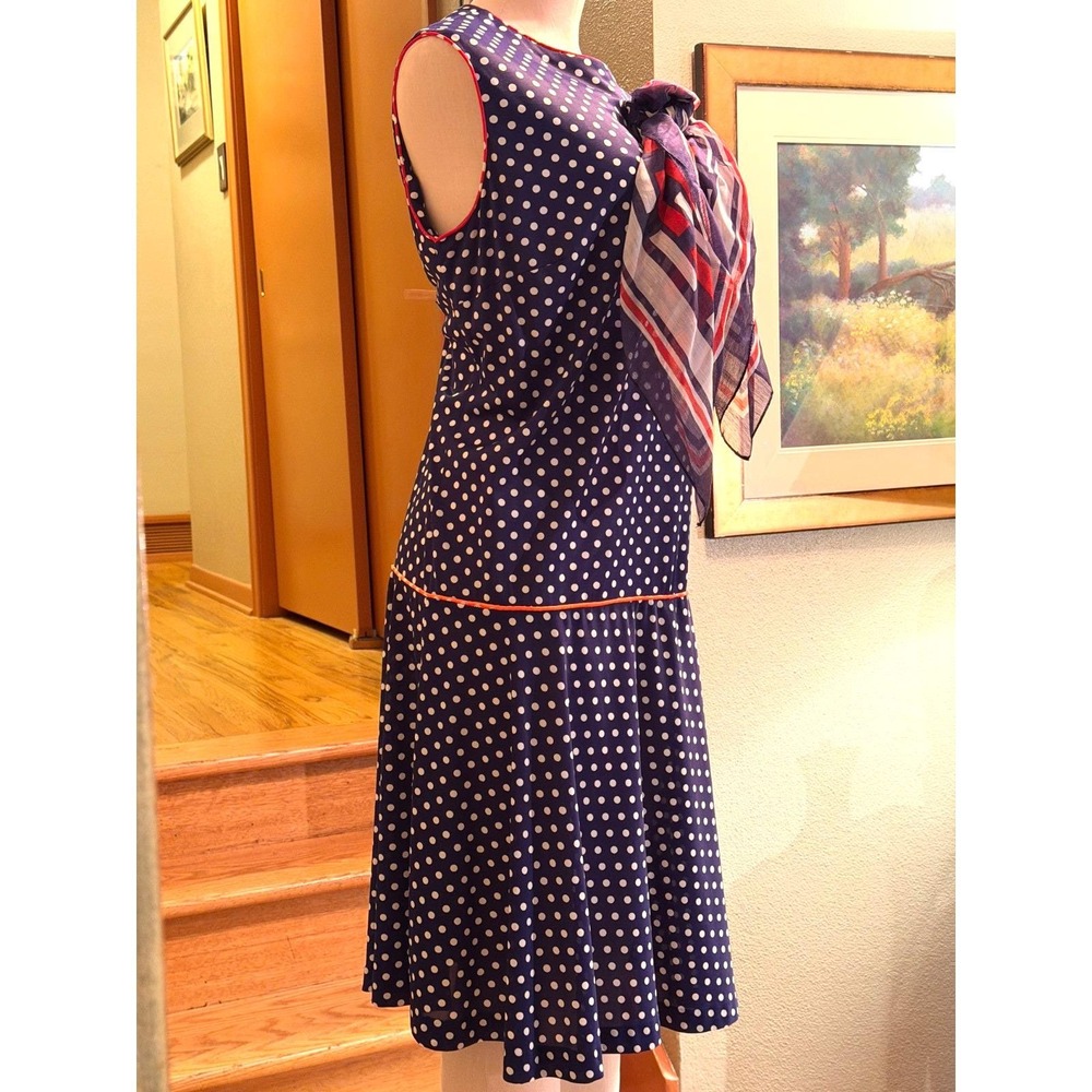 Vintage Light Wieght Polka Dot Blue/White Sleevless Dress with Scarf Unlined